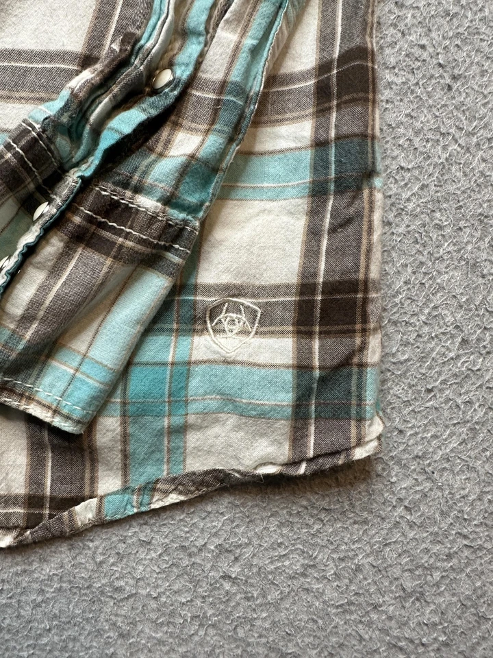Camisa Ariat Feminina XS Azul Marrom Xadrez Ajustado Cowgirl Ocidental Snap Pearl Detalhe - Imagem 4 de 4