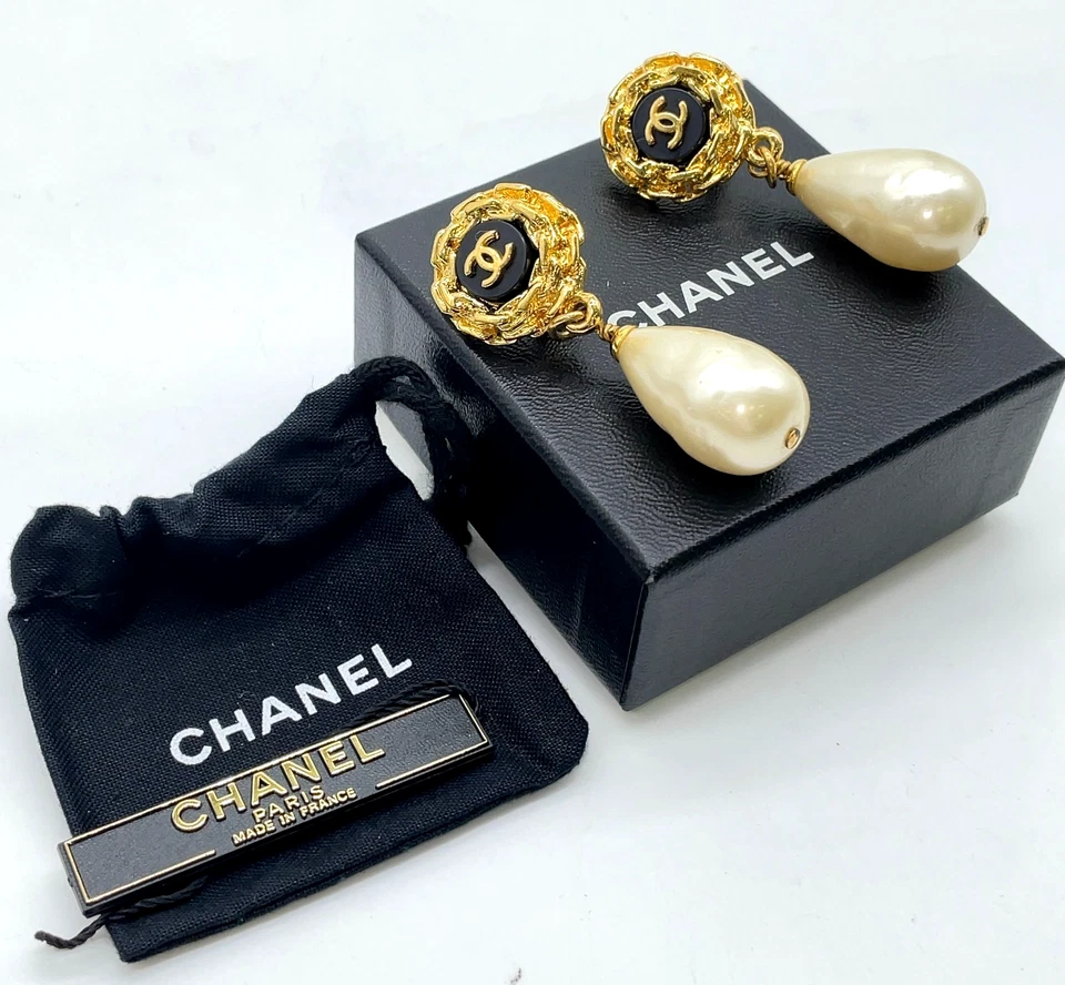 Auth CHANEL 95A Coco Mark Pearl Drop Gold Black 31.76g Earrings W/B/D SK100554 - Image 2 of 4