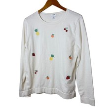 J.Crew Teddy Sweater Women Med Cream Cotton Fruit Embroidered Cozy Preppy READ
