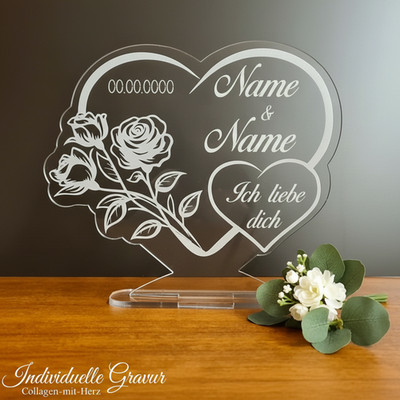   Aufsteller Wunschgravur Acryl Liebe Hochzeit Valentinstag Geschenk Herz Rose  