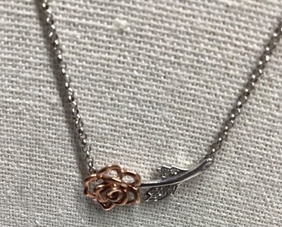 Rose Necklace Silver Rose Gold w/ Diamonds Accents MSRP 300.00