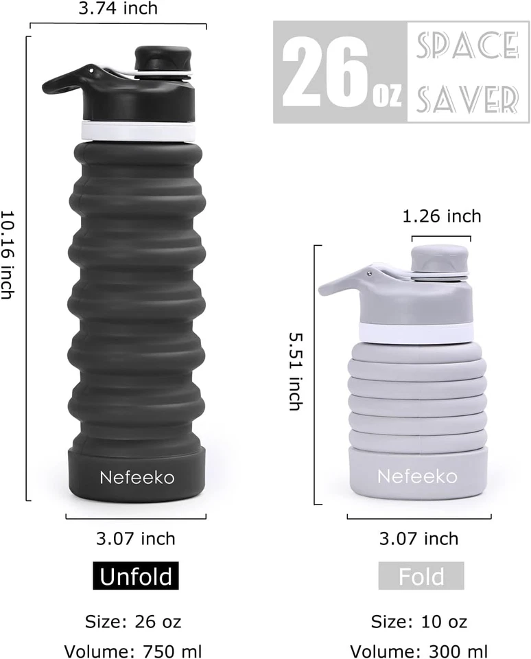 Collapsible Water Bottle, 2 Pack 26Oz Silicone Foldable Water Bottles Leakproof - image 2 of 4
