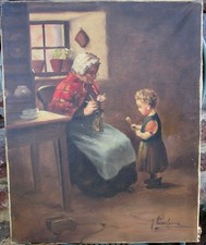 Dachbodenfund Gemälde Öl Leinwand Großmutter mit Enkel sign. J. Verulpens