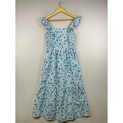 #ad Cottagecore Draper James Womens Medium Blue Floral Smocked Tiered Midi Dress $25.00
