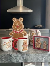 SOLD OUT Winnie the Pooh Christmas Gingerbread COOKIE JAR, 4 mugs salt & pepper 