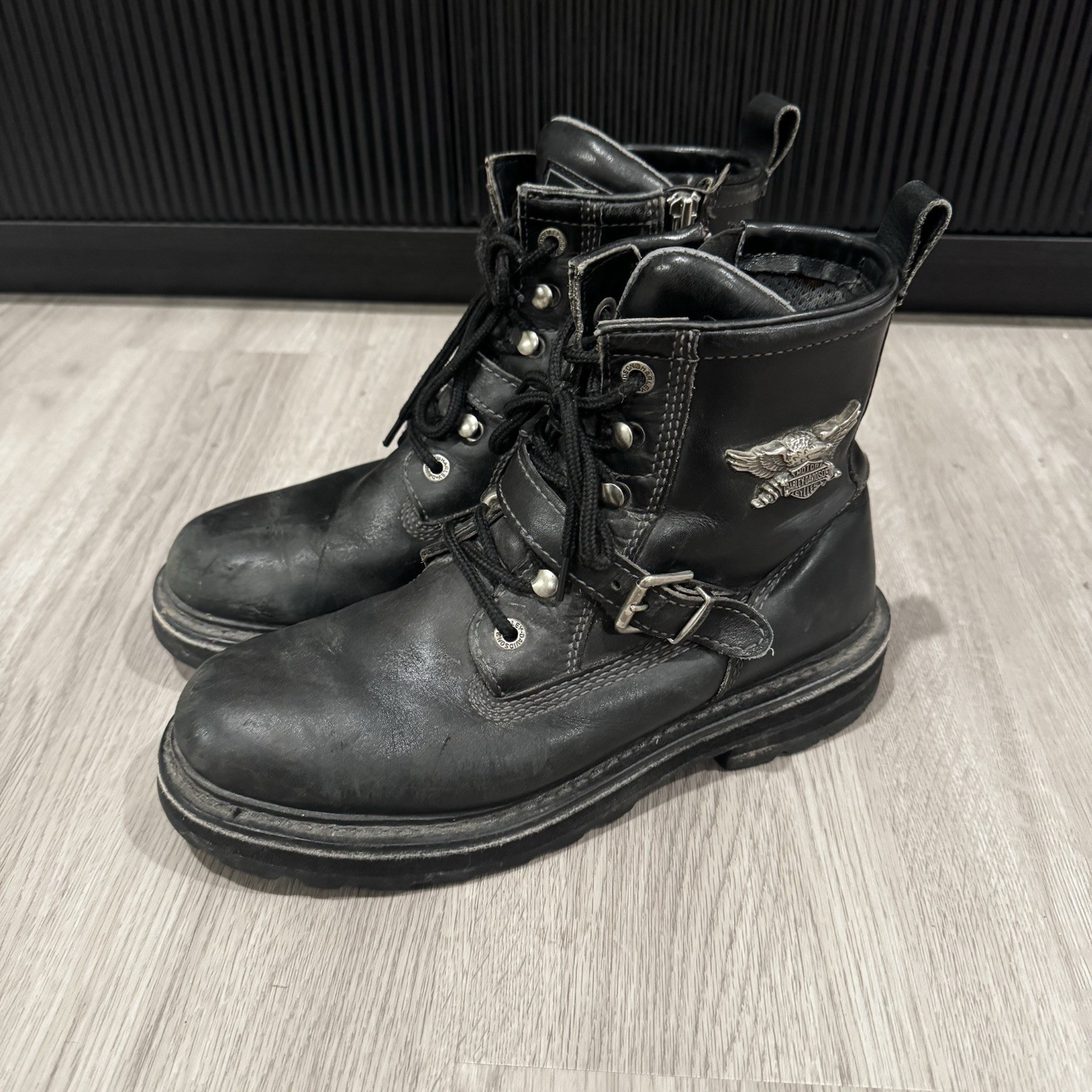 Harley Davidson Boots Womens Size 10 Black Leather Ankle High Zip Up Biker