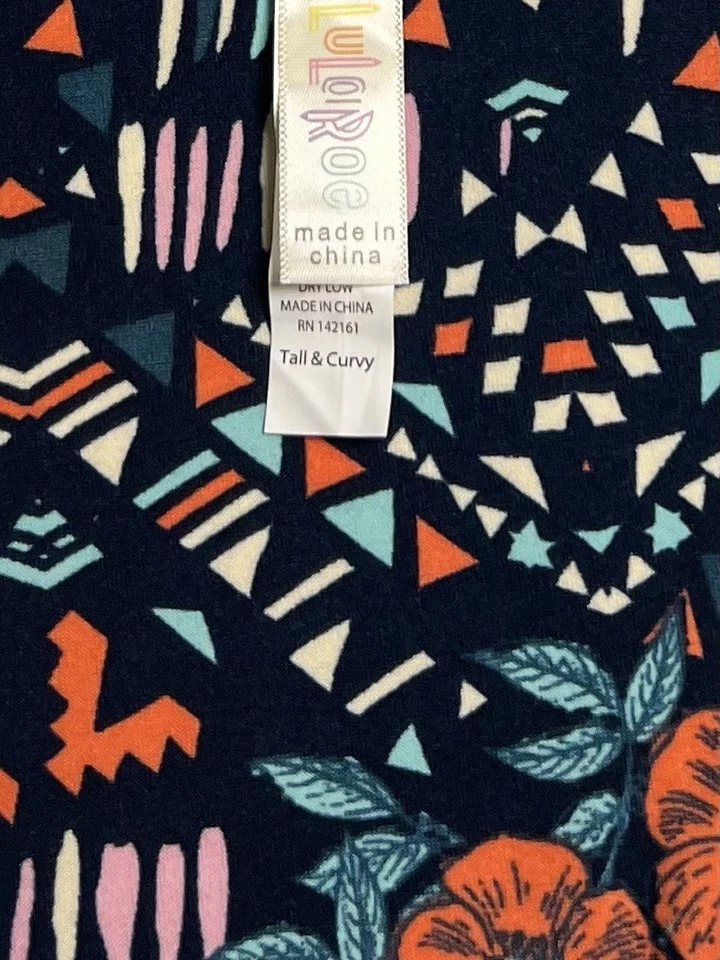 LuLaRoe Leggings TC Tall Curvy BLUE Retro Floral GEOMETRIC Chevron Yoga Waist - Image 4 of 4