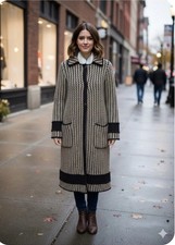 Missoni Italy Geometric Long Overcoat Collared Button Lined Black Beige Size M