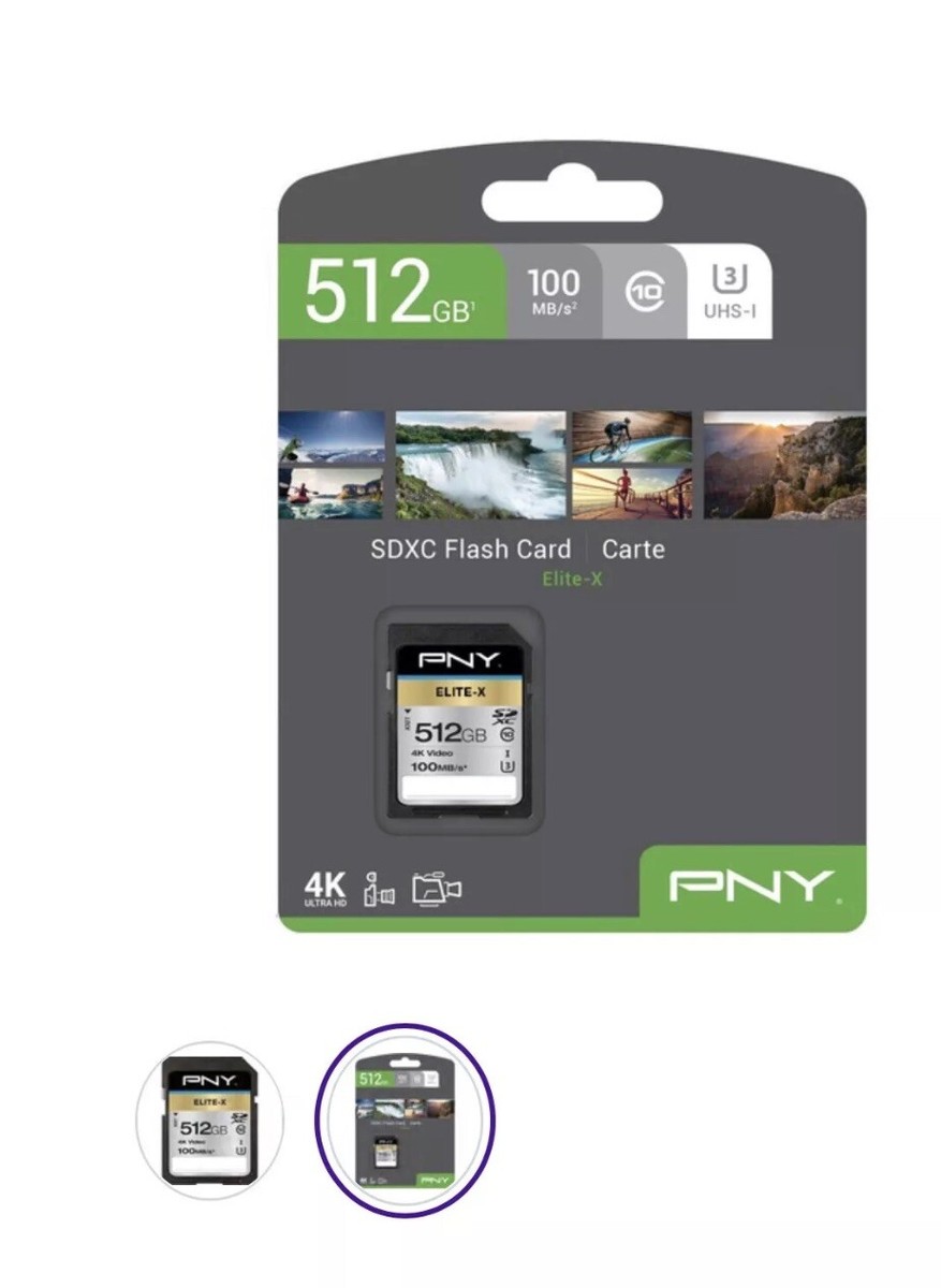 PNY 512GB Elite-X Class 10 U3 V30 SDXC Flash Memory Card 100MB/s, Black