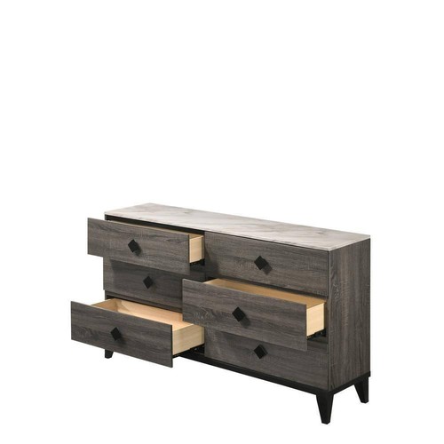 Acme Furniture 15"Dresser Hi-Quality Faux Marble Top + Rustic Gray Oak 6-Drawer - Picture 3 of 7