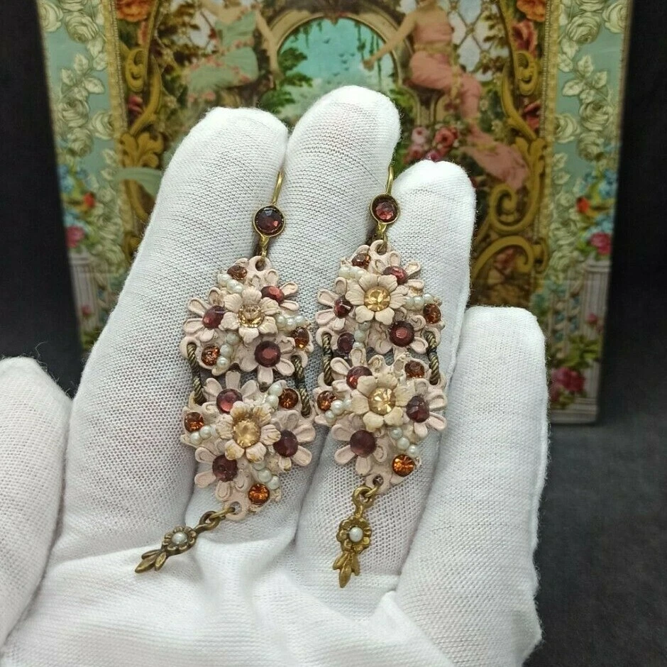 Michal Negrin Earrings Long Champagne Flowers With Crystals and Pearls New Gift - Image 3 of 4