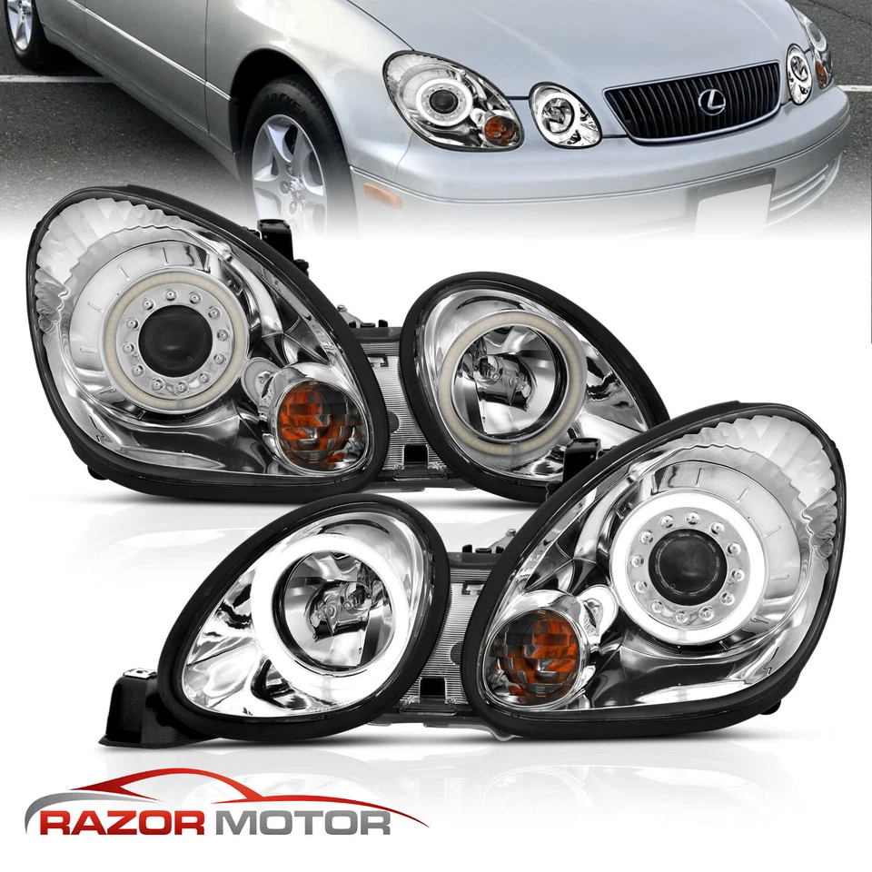 [LED Halo]For 98-05 Lexus GS Sedan GS300/GS400 Projector Chrome Headlights Foto 2 de 4