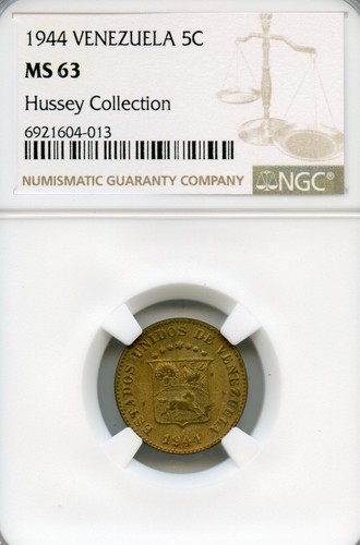 VENEZUELA 5 CENTIMOS BRASS PUYA 1944 MS-63 NGC WWII ERA RARE DENVER MINT
