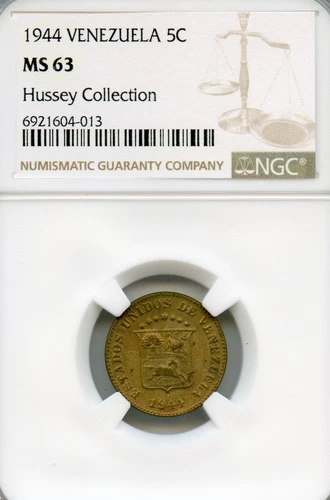 VENEZUELA 5 CENTIMOS BRASS PUYA 1944 MS-63 NGC WWII ERA RARE DENVER MINT