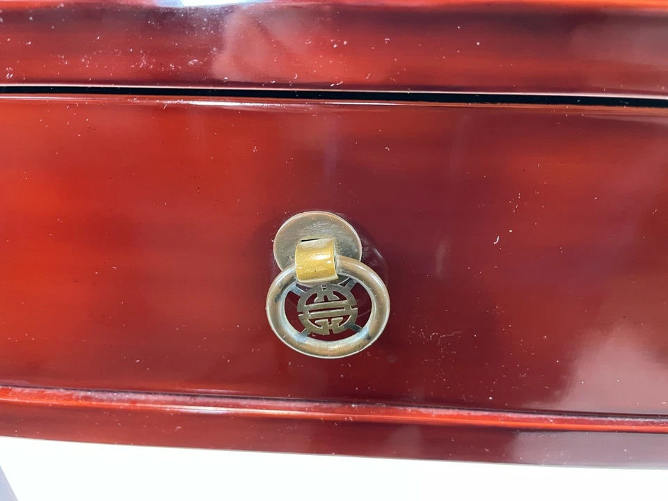 RARE Vintage THANH LE Vietnam Pair 19" Red Lacquer Wood Brass Side End Tables - Image 4 of 4