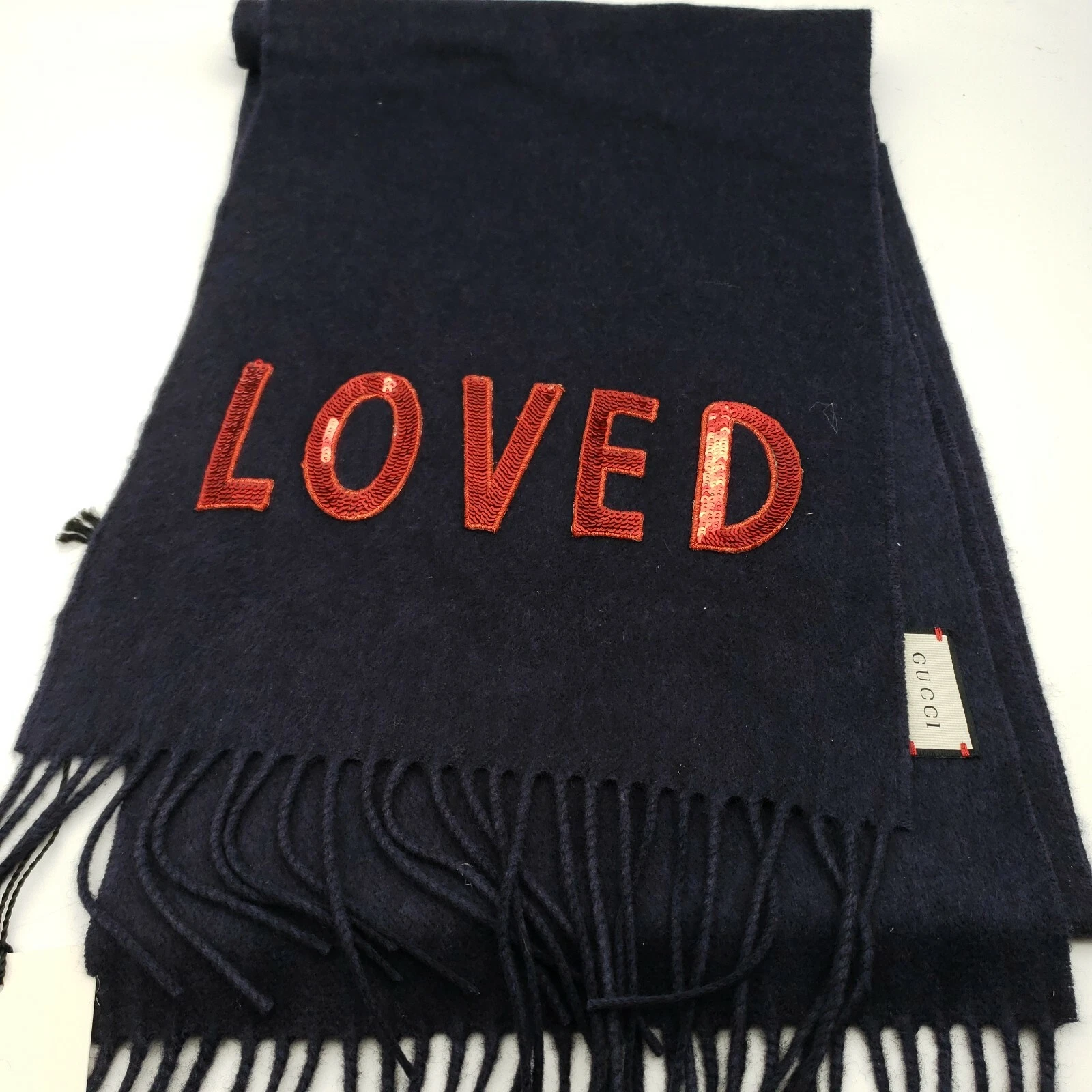 Foulard Gucci bleu marine paillettes rouge soie bien aimée cachemire frange mélange   neuf
