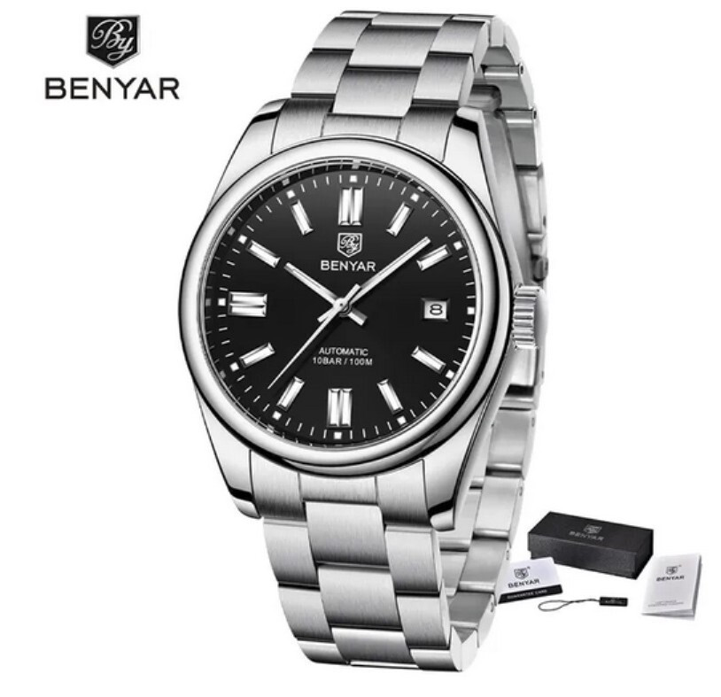 Montre Benyar automatique mixte étanche acier inoxydable cadran noir 40mm