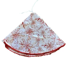 Christmas Tree Skirt 48" White With Red Poinsettias and Holly Red Braid Trim NEW