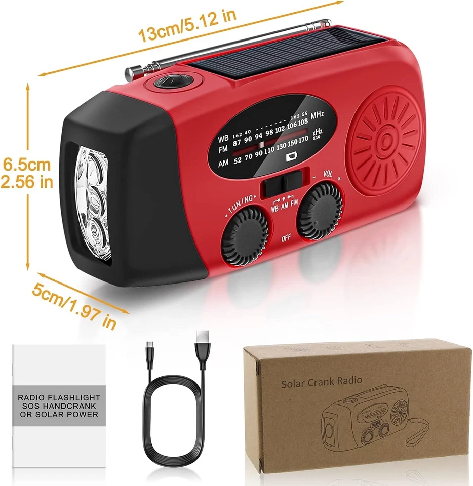 Radio portable à manivelle solaire de secours + lampe de poche à LED + lampe de - Bild 4 von 4