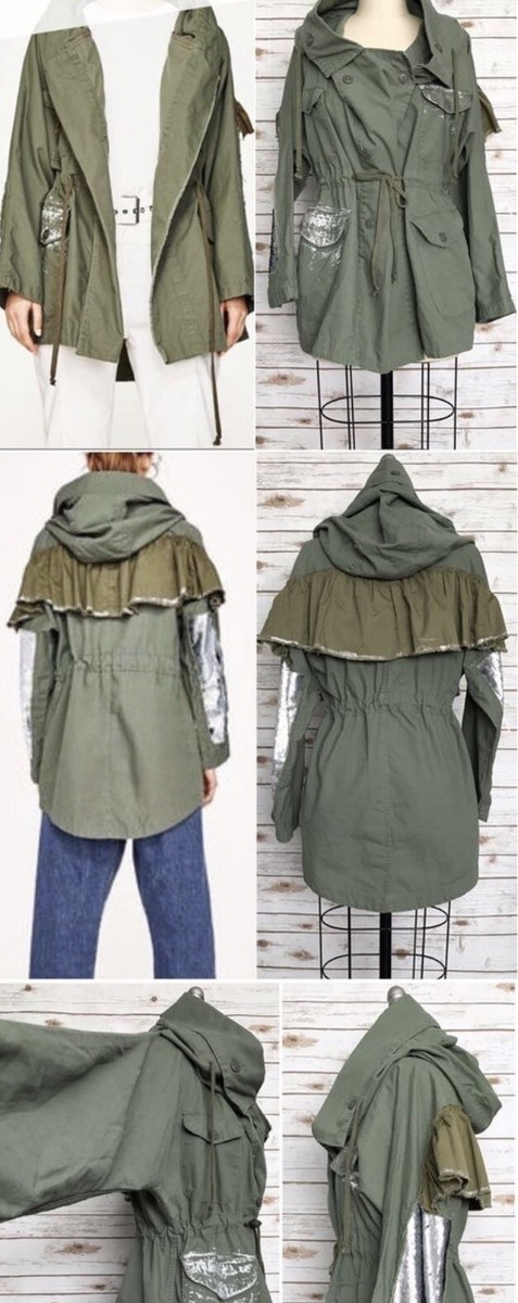 Zara Women Khaki Green Sparkling Parka Jacket coat Sequins
