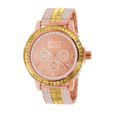 Rose Gold Canary Solid Steel Bezel Watch Real Diamond Dial Custom Band W/Date