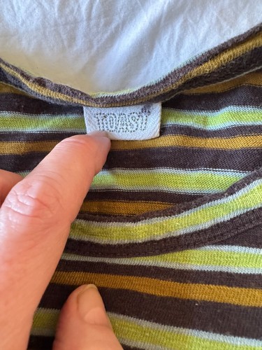 Toast Green Yellow Blue Stripe Boxy Fit T-Shirt- Half Sleeve XS OVERSIZED - Picture 2 of 6