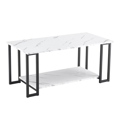 Mesa de centro moderna de mármol sintético para sala de estar mesa de acento de 2 niveles marco de metal - Imagen 9 de 23