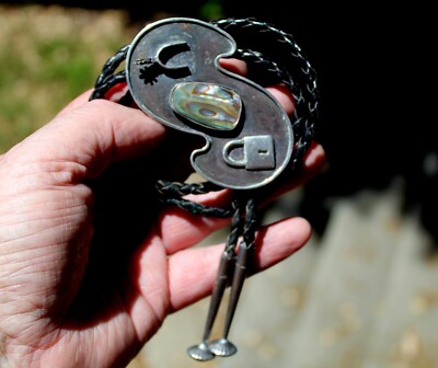 BIG Old Handmade Sterling Silver Abalone Shell HORSE STIRRUP & PAD LOCK Bolo Tie