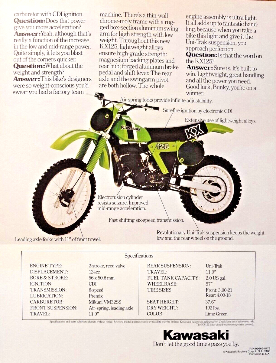 1980 Kawasaki KX125 double-sided sales brochure-literature