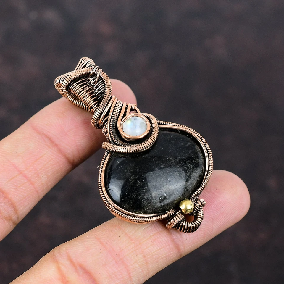 Colgante envuelto en alambre de cobre obsidiana brillo plata regalo día mujer 2,36" Foto 2 de 4