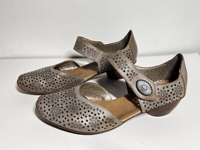 Rieker EUC Taupe Leather Mirjam 1.75'' Heel Cutout Adjustable Strap Shoe 37 6.5
