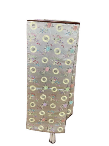 Monumental Vintage Chinese Silk Table Runner Bamboo Floral Birds - Picture 2 of 11