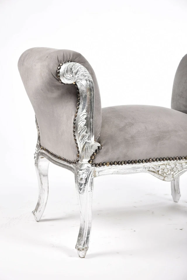 Panca Panchetta In Legno foglia argento rivestimento velluto grigio divanetto - Immagine 3 di 4