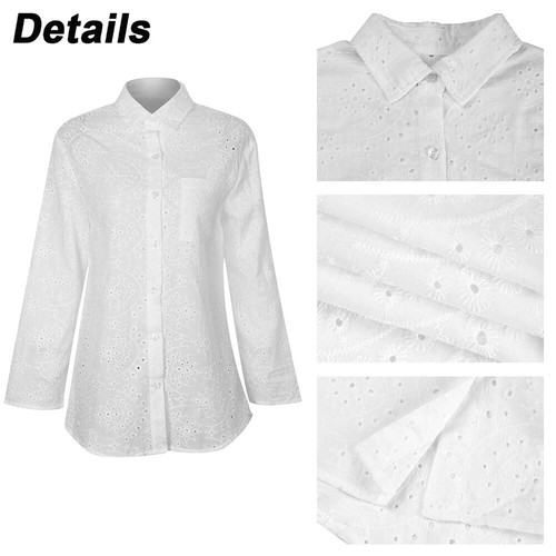 Women Hollow Out Long Sleeve Shirt Ladies Button V Neck Blouse Casual Loose Tops - Picture 15 of 16