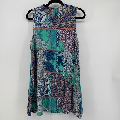 Impressions Womens Large Boho Eclectic Patchwork Swing Dress Sleeveless Floral