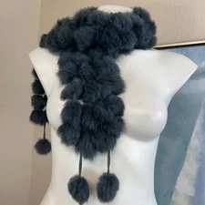 Vintage Rabbit Pom Pom Neck Scarf - Steely Blue