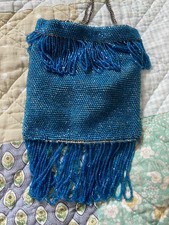 Vintage Blue Beaded Fringe Drawstring Purse Flapper Bag