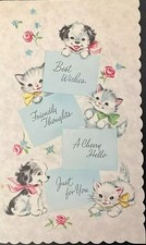 Vintage Birthday Card Adorable Puppies Kittens Flowers Bows Scalloped Edge