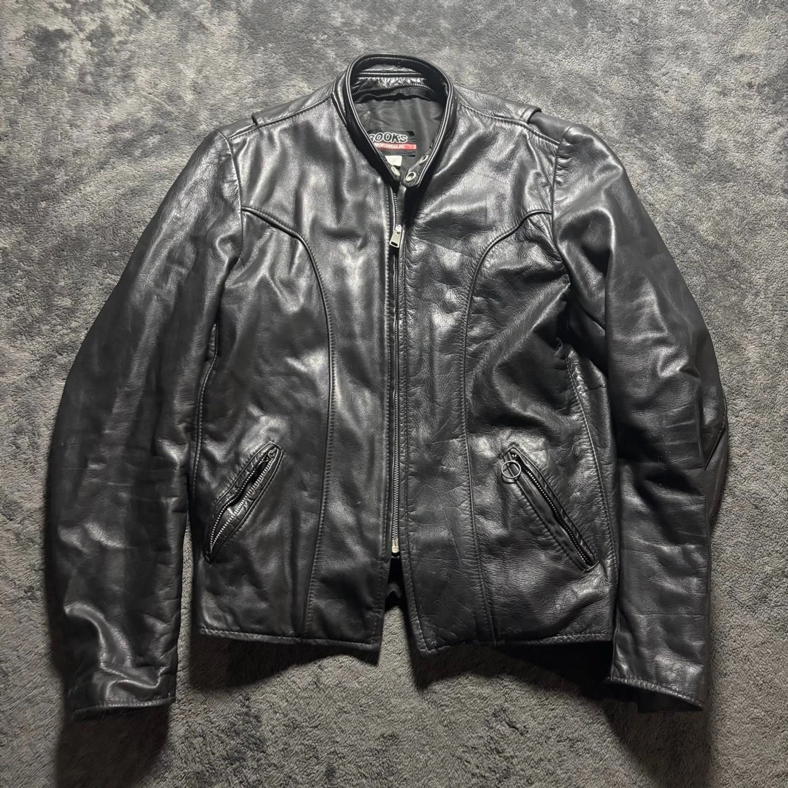 70s Vintage Brooks Leather Biker Jacket Mens M Black Motorcycle USA - product detail image 1