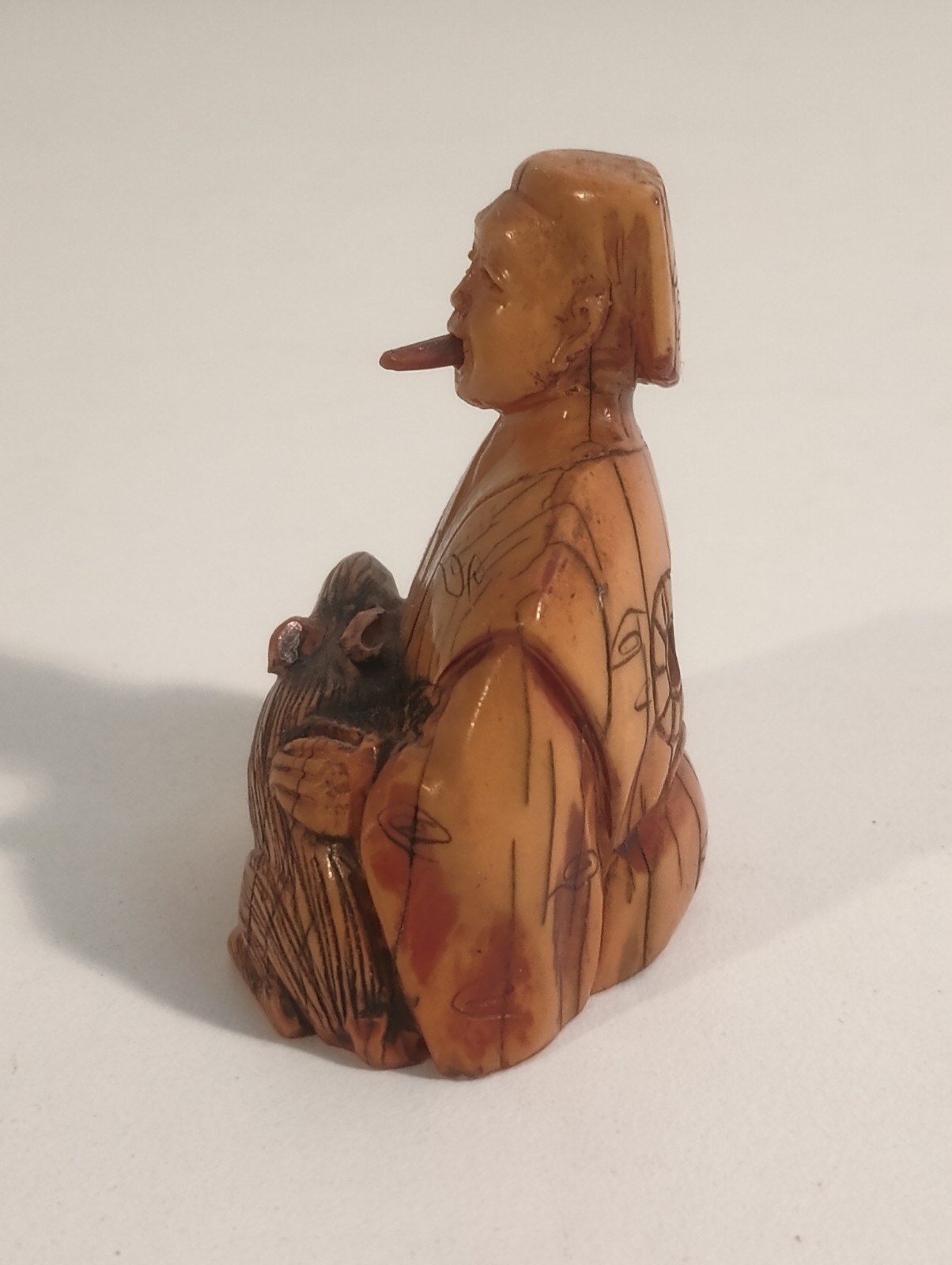 Netsuke Wooden Figure Man Holding Rat Tongue Sticks In & Out Wood 