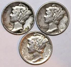 (3) Mercury Dimes - VF/XF - 1943P 1944P 1944D - #1409ED FREE SHIPPING