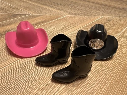 Vintage Barbie Ken Black Stompin’ Single Cowboy Boots 2 Cowboy Hats Accessories
