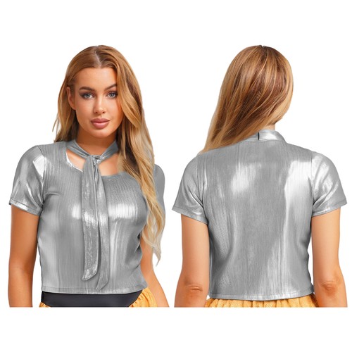 Women's Blouse Stylish Tops Round Neck T-shirt Costume Lingerie Disco Tank 80s - Picture 17 of 117