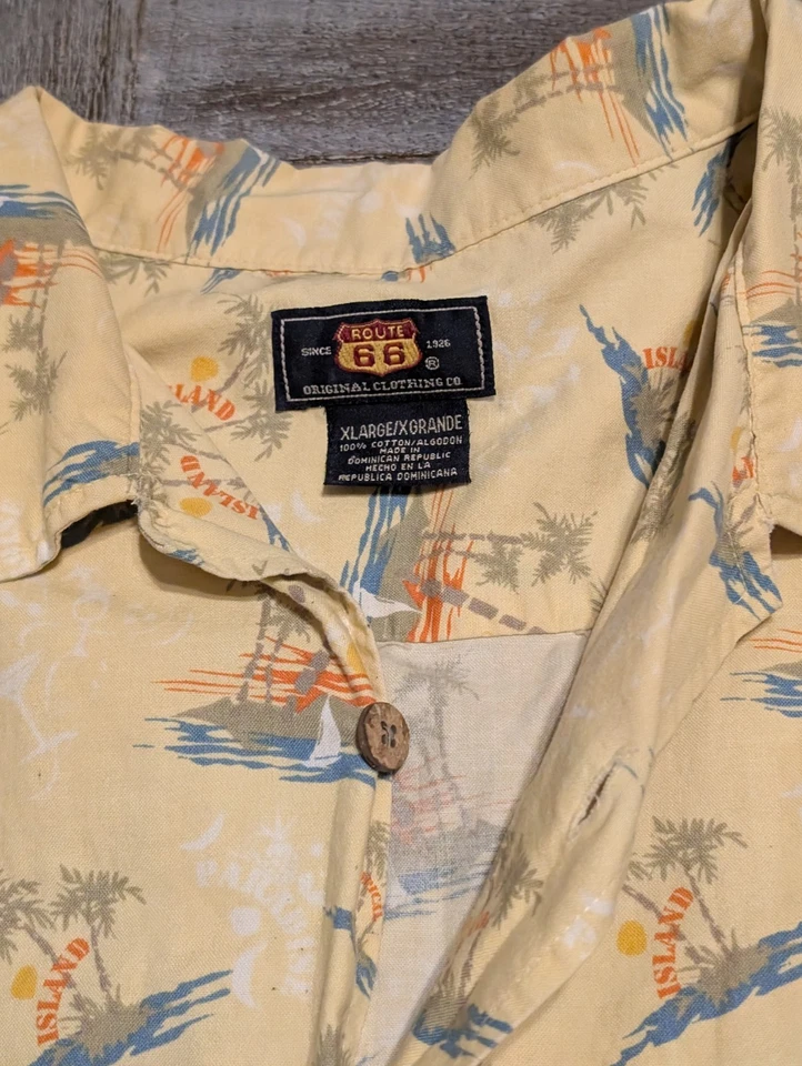 Camisa havaiana Route 66 amarela design tropical e insular 100% algodão tamanho XXL  - Imagem 4 de 4