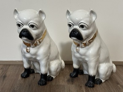 Pug Dog Statue Pair Porcelain Figurine Antique Vintage Staffordshire Style 