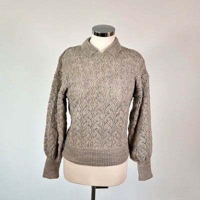Jaeger Vintage 80er Handgestrickt Loch Wolle Pullover Grau UK 10 Great Britain