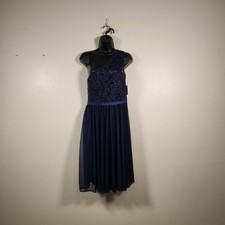 DAVID'S BRIDAL One Shoulder Bridesmaid Gown Womens 6 Marine Blue Lace Ribbon NEW