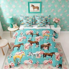 Kids Horse Comforter Set 7 Pieces, Chic Retro Floral Bed in A Full Green Pink