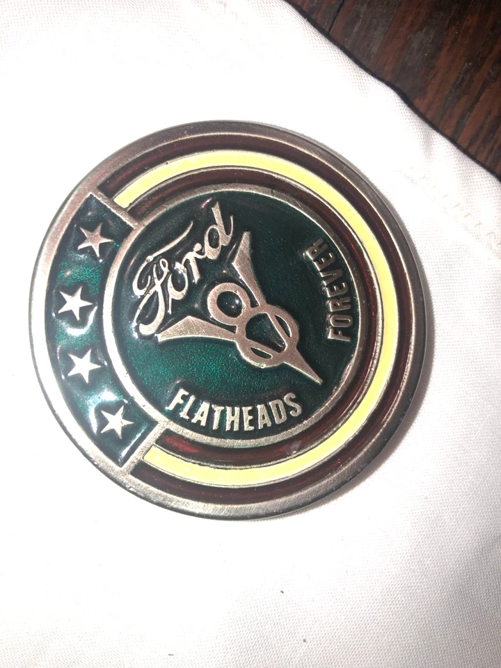 Vintage FORD Flatheads Forever Belt Buckle USA Flag V8 Logo Heavy Metal 2.5" - Image 2 of 4