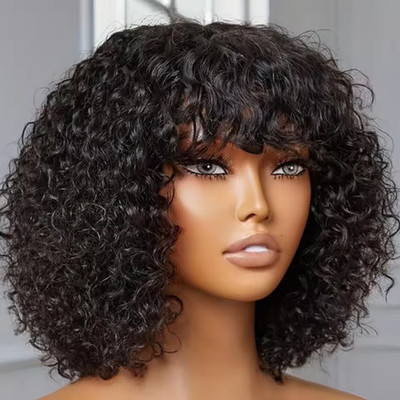Pixie Bob Curly Human Hair Wig With Bangs Short Jerry Curl Wear Go Wig